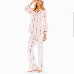 Soma Embraceable Tree Stripe Pajama Set Long Sleeve with Pants Pink Winter Plus